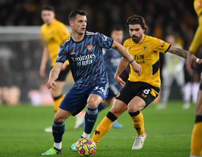 Framed Print : Xhaka Shuts Down Neves: Wolverhampton Wanderers vs. Arsenal, Premier League 2021-22