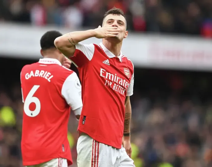 Framed Print : Xhaka Strikes: Arsenal's Thrilling 4-Goal Comeback Against Leeds United