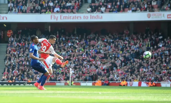 Framed Print : Xhaka Strikes: Dramatic Goal Under Martial Pressure in Arsenal vs Manchester United Clash (2016-17) Framed Print : Xhaka Strikes: Dramatic Goal Under Martial Pressure in Arsenal vs Manchester United Clash (2016-17)