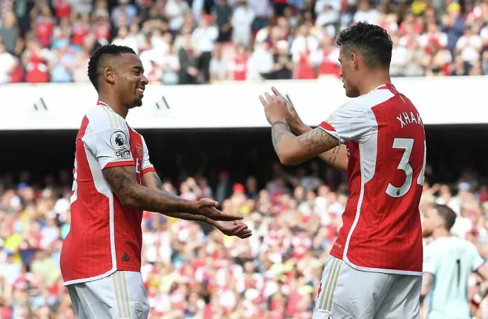 Framed Print : Xhaka Stunner: Arsenal's First Goal in Premier League Victory Over Wolverhampton Wanderers (2022-23)