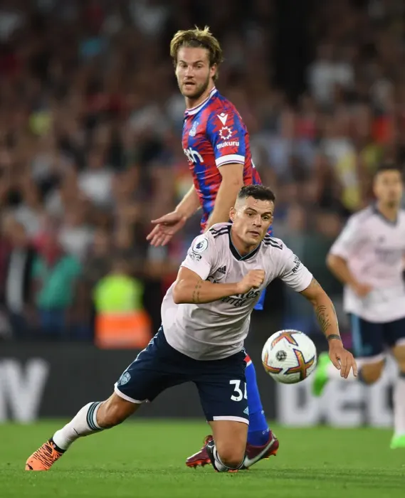 Framed Print : Xhaka vs Andersen: A Premier League Battle - Crystal Palace vs Arsenal (2022-23)