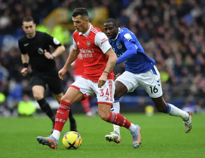 Framed Print : Xhaka vs. Doucoure: Battle at Goodison Park - Everton vs. Arsenal, Premier League 2022-23