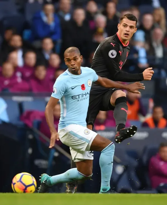 Framed Print : Xhaka vs Fernandinho: Clash of Midfield Titans - Manchester City vs Arsenal, Premier League 2017-18