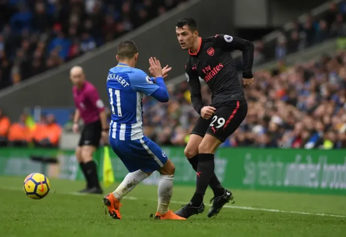 Framed Print : Xhaka vs. Knockaert: Intense Battle in Brighton and Hove Albion vs. Arsenal Premier League Clash Framed Print : Xhaka vs. Knockaert: Intense Battle in Brighton and Hove Albion vs. Arsenal Premier League Clash