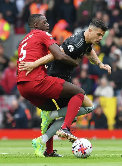 Framed Print : Xhaka vs Konate: Intense Clash Between Liverpool and Arsenal in Premier League Showdown Framed Print : Xhaka vs Konate: Intense Clash Between Liverpool and Arsenal in Premier League Showdown