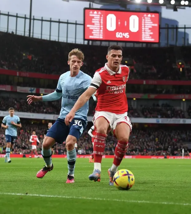 Framed Print : Xhaka vs. Roerslev: A Battle of Midfielders in Arsenal vs. Brentford Premier League Clash