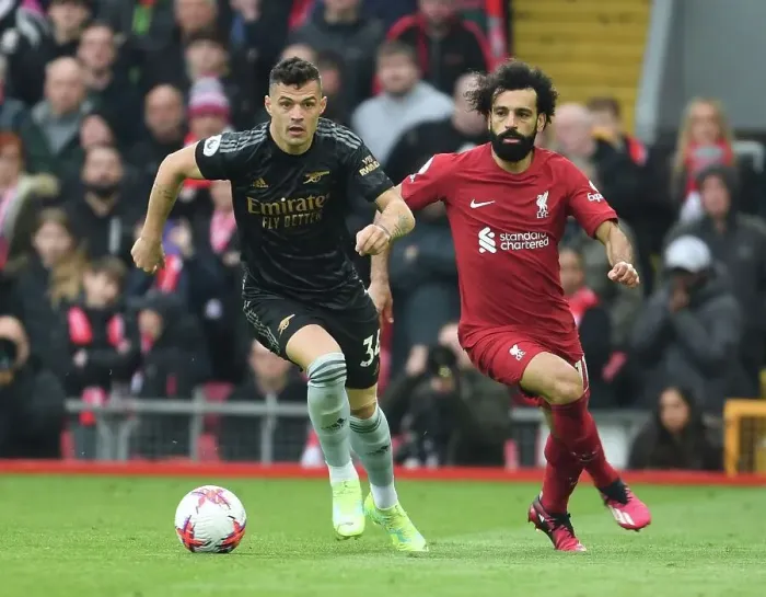 Framed Print : Xhaka vs. Salah: A Premier League Battle - Liverpool vs. Arsenal, 2022-23