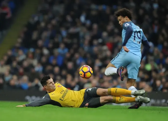 Framed Print : Xhaka vs Sane: Battle at the Etihad - Manchester City vs Arsenal, Premier League 2016-17