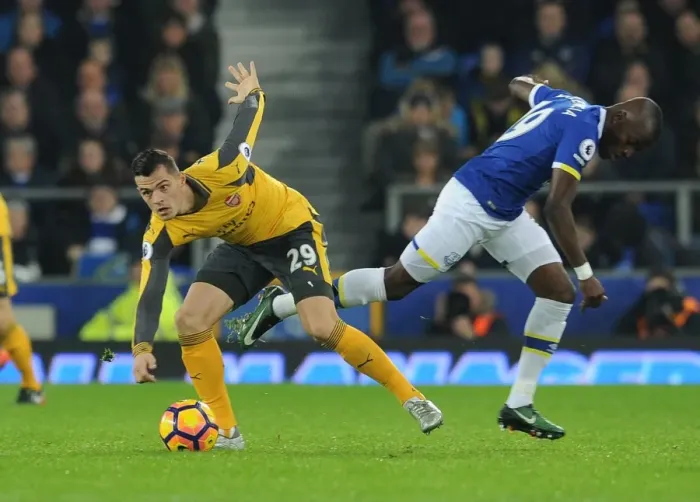 Framed Print : Xhaka vs Valencia: Everton vs Arsenal, Premier League Clash (2016-17) Framed Print : Xhaka vs Valencia: Everton vs Arsenal, Premier League Clash (2016-17)