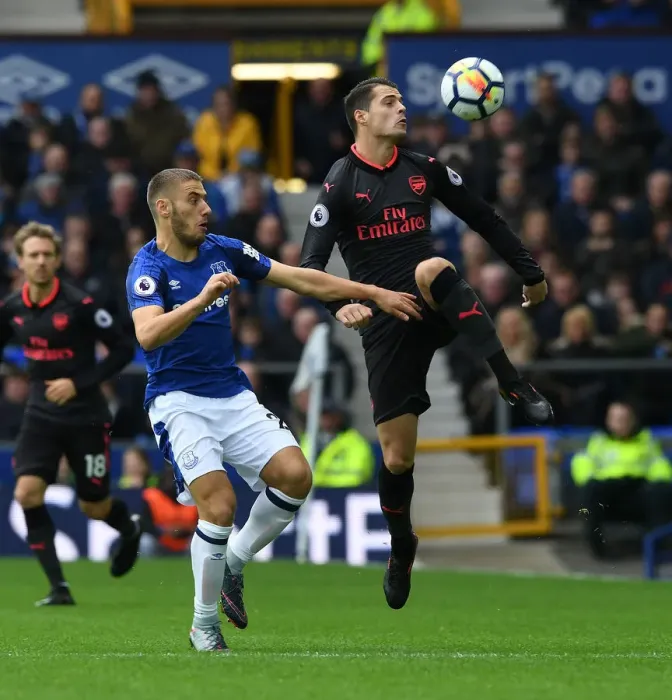 Framed Print : Xhaka vs Vlasic: Intense Battle in Everton vs Arsenal Premier League Clash