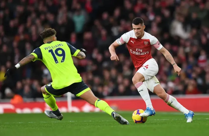 Framed Print : Xhaka vs Williams: Intense Battle at Emirates Stadium - Arsenal v Huddersfield Town (Premier League, 2018-19) Framed Print : Xhaka vs Williams: Intense Battle at Emirates Stadium - Arsenal v Huddersfield Town (Premier League, 2018-19)