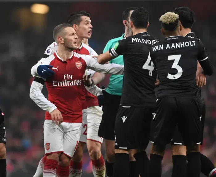 Framed Print : Xhaka and Wilshere vs. Van Aanholt and Milivojevic: A Battle in the Arsenal vs. Crystal Palace Clash (2017-18) Framed Print : Xhaka and Wilshere vs. Van Aanholt and Milivojevic: A Battle in the Arsenal vs. Crystal Palace Clash (2017-18)
