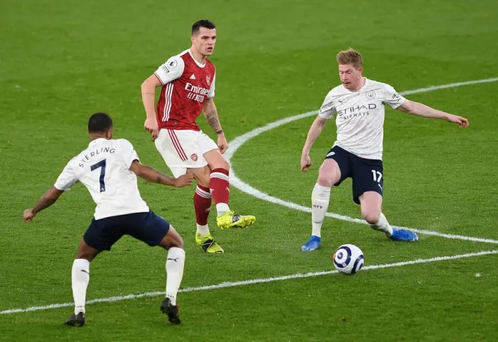 Framed Print : Xhaka's Brilliant Ball Control: Arsenal vs Manchester City (2020-21) - Navigating Sterling and de Bruyne at Empty Emirates Framed Print : Xhaka's Brilliant Ball Control: Arsenal vs Manchester City (2020-21) - Navigating Sterling and de Bruyne at Empty Emirates