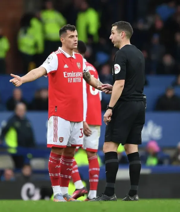 Framed Print : Xhaka's Controversial Confrontation: Everton vs. Arsenal, Premier League 2022-23