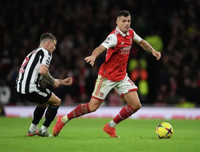 Framed Print : Xhaka's Thrilling Surge: Arsenal's Game-Changing Moment vs Newcastle United, Premier League 2022-23