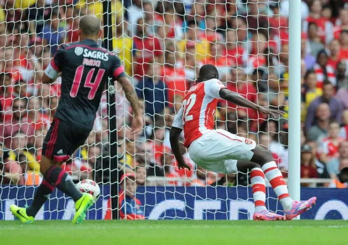 Framed Print : Yaya Sanogo Scores First Arsenal Goal Against Benfica in 2014-15 Emirates Cup