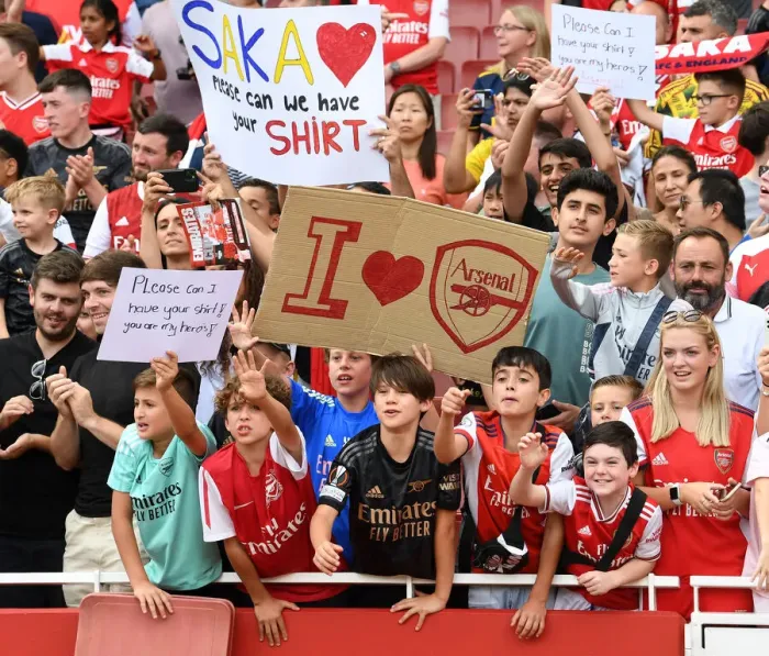 Framed Print : Young Arsenal Fans Celebrate after Emirates Cup Match against Sevilla, 2022 Framed Print : Young Arsenal Fans Celebrate after Emirates Cup Match against Sevilla, 2022
