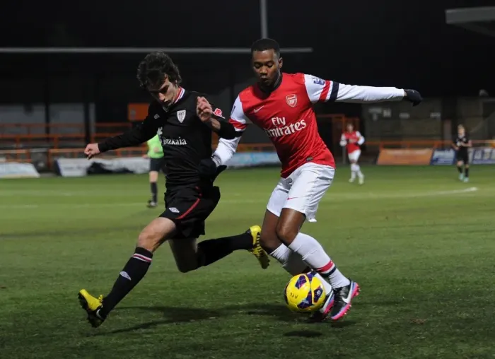 Framed Print : Zak Ansah (Arsenal) Inigo Lekue (Bilbao). Arsenal U19 4: 2 Athletic Bilbao U19. NextGen Series Framed Print : Zak Ansah (Arsenal) Inigo Lekue (Bilbao). Arsenal U19 4: 2 Athletic Bilbao U19. NextGen Series