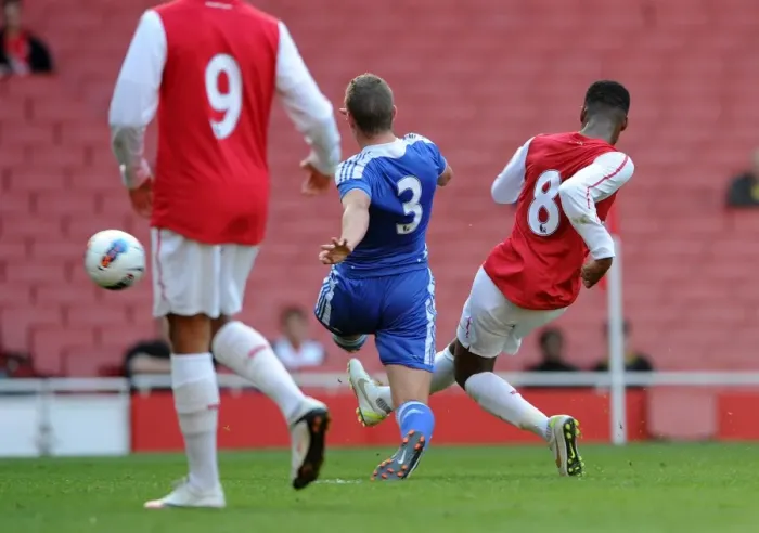 Framed Print : Zak Ansah scores Arsenals goal. Arsenal U18 1: 0 Chelsea U18. Friendly Match