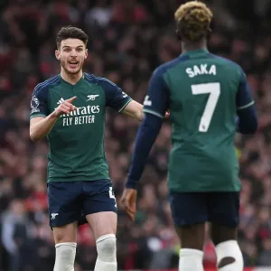 2023-24 Premier League: Bukayo Saka and Declan Rice Share Strategies on the Field during Fulham vs. Arsenal 2023-24 Premier League: Bukayo Saka and Declan Rice Share Strategies on the Field during Fulham vs. Arsenal