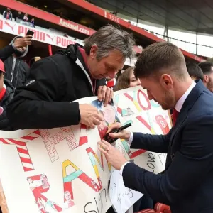 Aaron Ramsey Celebrates with Arsenal Fans after Arsenal v Brighton & Hove Albion Match, Premier League 2018-19 Aaron Ramsey Celebrates with Arsenal Fans after Arsenal v Brighton & Hove Albion Match, Premier League 2018-19