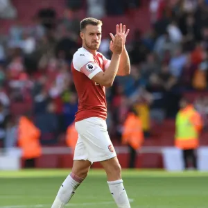 Aaron Ramsey Celebrates with Arsenal Fans after Arsenal v West Ham United Win