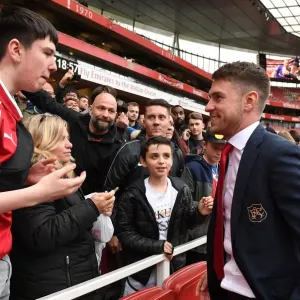 Aaron Ramsey Celebrates with Arsenal Fans: Victory over Brighton & Hove Albion, Premier League 2018-19