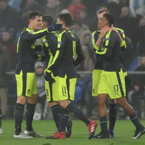 Alex Iwobi celebrates scoring Arsenals 4th goal with Granit Xhaka. FC Basel 1 Alex Iwobi celebrates scoring Arsenals 4th goal with Granit Xhaka. FC Basel 1