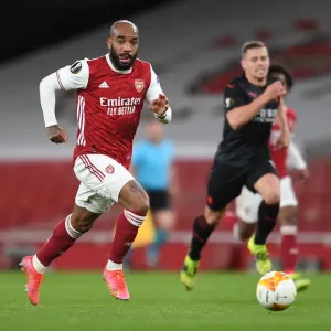 Alexandre Lacazette in Action: Arsenal vs Slavia Praha, UEFA Europa League Quarterfinal at Emirates Stadium (Behind Closed Doors)