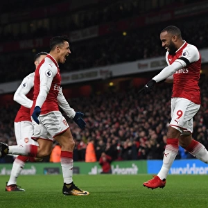 Alexandre Lacazette and Alexis Sanchez Celebrate Goal for Arsenal against Huddersfield Town, 2017-18 Premier League