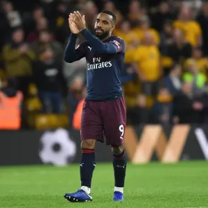 Alexandre Lacazette Celebrates with Arsenal Fans after Wolverhampton Wanderers Victory, 2018-19 Premier League Alexandre Lacazette Celebrates with Arsenal Fans after Wolverhampton Wanderers Victory, 2018-19 Premier League