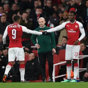 Alexandre Lacazette and Danny Welbeck: A High-Fiving Moment from Arsenal's Europa League Quarterfinal against CSKA Moscow
