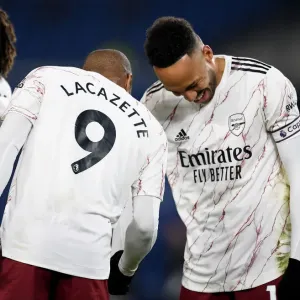 Alexandre Lacazette and Pierre-Emerick Aubameyang Celebrate Goal: Brighton & Hove Albion vs Arsenal, Premier League 2020-21