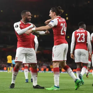 Alexis Lacazette and Hector Bellerin Celebrate Arsenal's Goal Against Atletico Madrid in Europa League Semi-Final