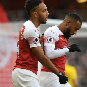 Arsenal: Aubameyang and Lacazette Celebrate First Goal vs Burnley Print Arsenal: Aubameyang and Lacazette Celebrate First Goal vs Burnley Print