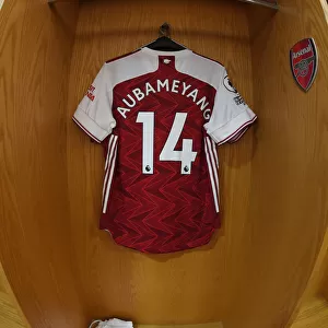 Arsenal: Aubameyang's Emirates Jersey in the Changing Room (Arsenal v West Ham United, 2020-21)