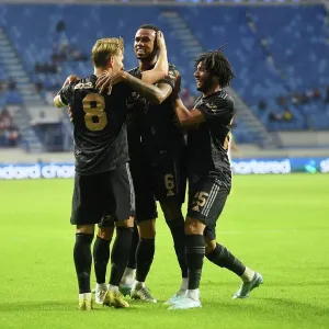 Arsenal Celebrate First Goal Against Olympique Lyonnais in Dubai Super Cup Arsenal Celebrate First Goal Against Olympique Lyonnais in Dubai Super Cup