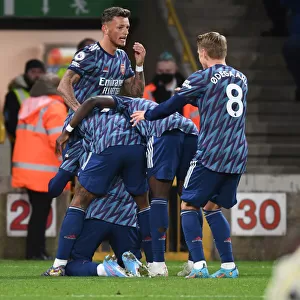 Arsenal Celebrate Gabriel's Goal vs. Wolverhampton Wanderers in Premier League Action