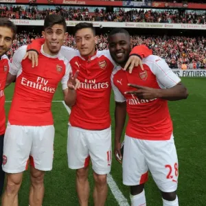 Arsenal Celebrate Victory: Flamini, Gabriel, Ozil, and Campbell Reunite (2015-16) Arsenal Celebrate Victory: Flamini, Gabriel, Ozil, and Campbell Reunite (2015-16)