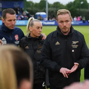 Arsenal Celebrate Victory: Jonas Eidevall Leads Team Huddle after Everton Clash in FA Women's Super League Arsenal Celebrate Victory: Jonas Eidevall Leads Team Huddle after Everton Clash in FA Women's Super League