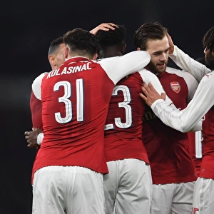 Arsenal Celebrate: Welbeck, Kolasinac, Elneny, Chambers (Carabao Cup Quarterfinal vs West Ham)