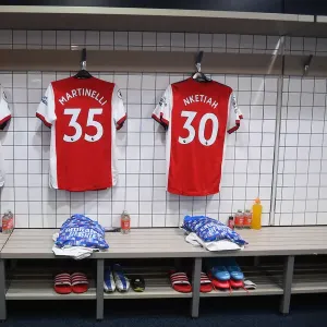 Arsenal Changing Room: Bukayo Saka, Gabriel Martinelli, and Eddie Nketiah's Shirts Before Tottenham Match, 2021-22 Premier League Arsenal Changing Room: Bukayo Saka, Gabriel Martinelli, and Eddie Nketiah's Shirts Before Tottenham Match, 2021-22 Premier League