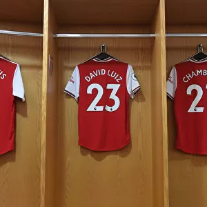 Arsenal Changing Room: Sokratis, David Luiz, and Calum Chambers Ahead of Arsenal v Southampton Match