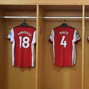 Arsenal Changing Room: Tierney, Tomiyasu, White, and Gabriel's Shirts Ready for Arsenal v Norwich City (2021-22)