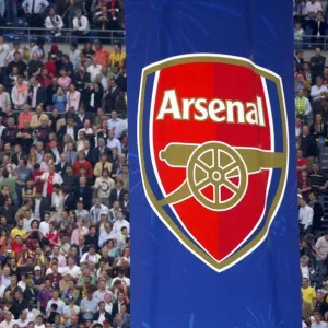 Arsenal crest on a banner during the pre match ceremony Arsenal crest on a banner during the pre match ceremony