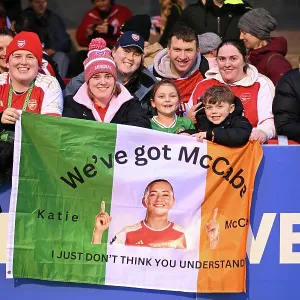 Arsenal Fans Celebrate Katie McCabe's Victory: Brighton & Hove Albion vs. Arsenal FC, Barclays Women's Super League 2023-24