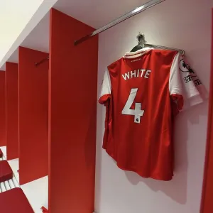 Arsenal FC: Ben White's Shirt in Arsenal Changing Room Before Arsenal v Everton Match, Premier League 2022-23