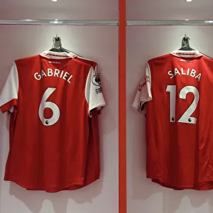 Arsenal FC: Gabriel and Saliba's Shirts in the Changing Room Ahead of Arsenal v Tottenham Premier League Clash (2022-23)