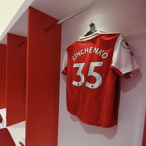Arsenal FC: Oleksandr Zinchenko's Shirt in the Changing Room before Arsenal v Everton, Premier League 2022-23