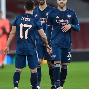 Arsenal FC: Pablo Mari, Calum Chambers, and Cedric Soares Celebrate after UEFA Europa League Victory over Rapid Wien